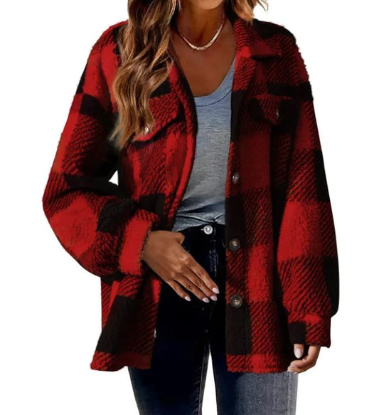 Autumn And Winter Open Button Lapel Thermal Plaid Pattern Jacket for women