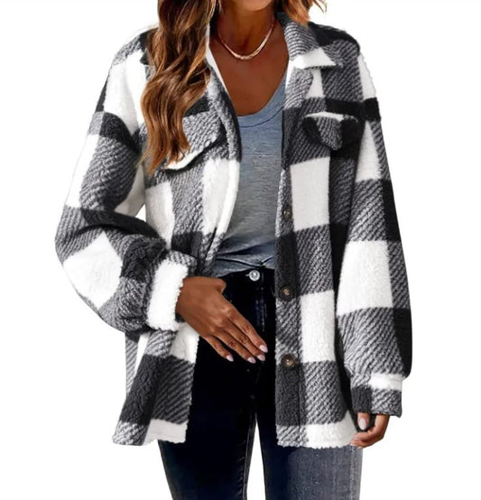 Autumn And Winter Open Button Lapel Thermal Plaid Pattern Jacket for women